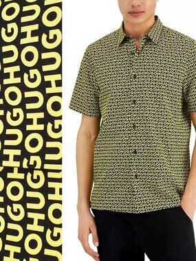 Hugo Boss Men's EBOR Allover Logo Print Short-Sleeve Shirt Black Yellow NWOT XL